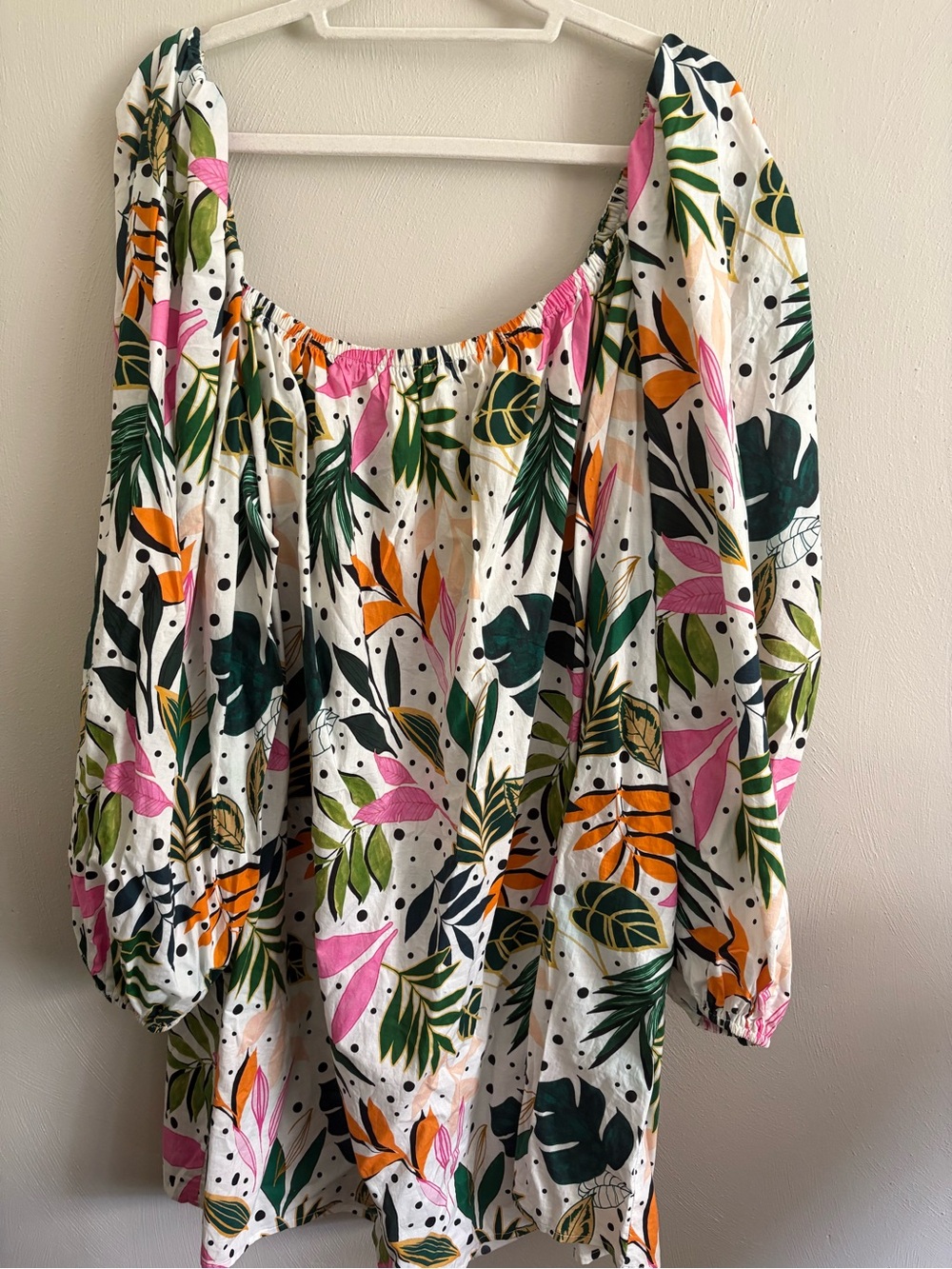 Eloquii White Tropical Off-Shoulder Mini Dress with Pink, Orange & Green Leaves
